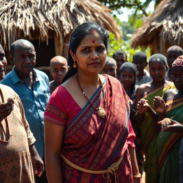 A dusky-skinned Indian lady, around 30 years old, who is very tall and has a curvy figure indicated by her very large breasts