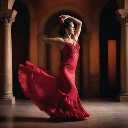 A flamenco dancer passionately performing in a vibrant dress, amidst dramatic lighting and traditional Spanish architectural backdrop.