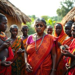 A dusky-skinned Indian lady, appearing older with a tall and curvy silhouette characterized by her very large breasts, stands in an African village