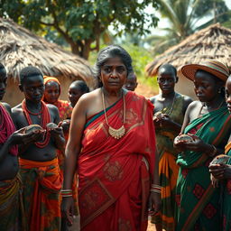 A dusky-skinned Indian lady, appearing older with a tall and curvy silhouette characterized by her very large breasts, stands in an African village