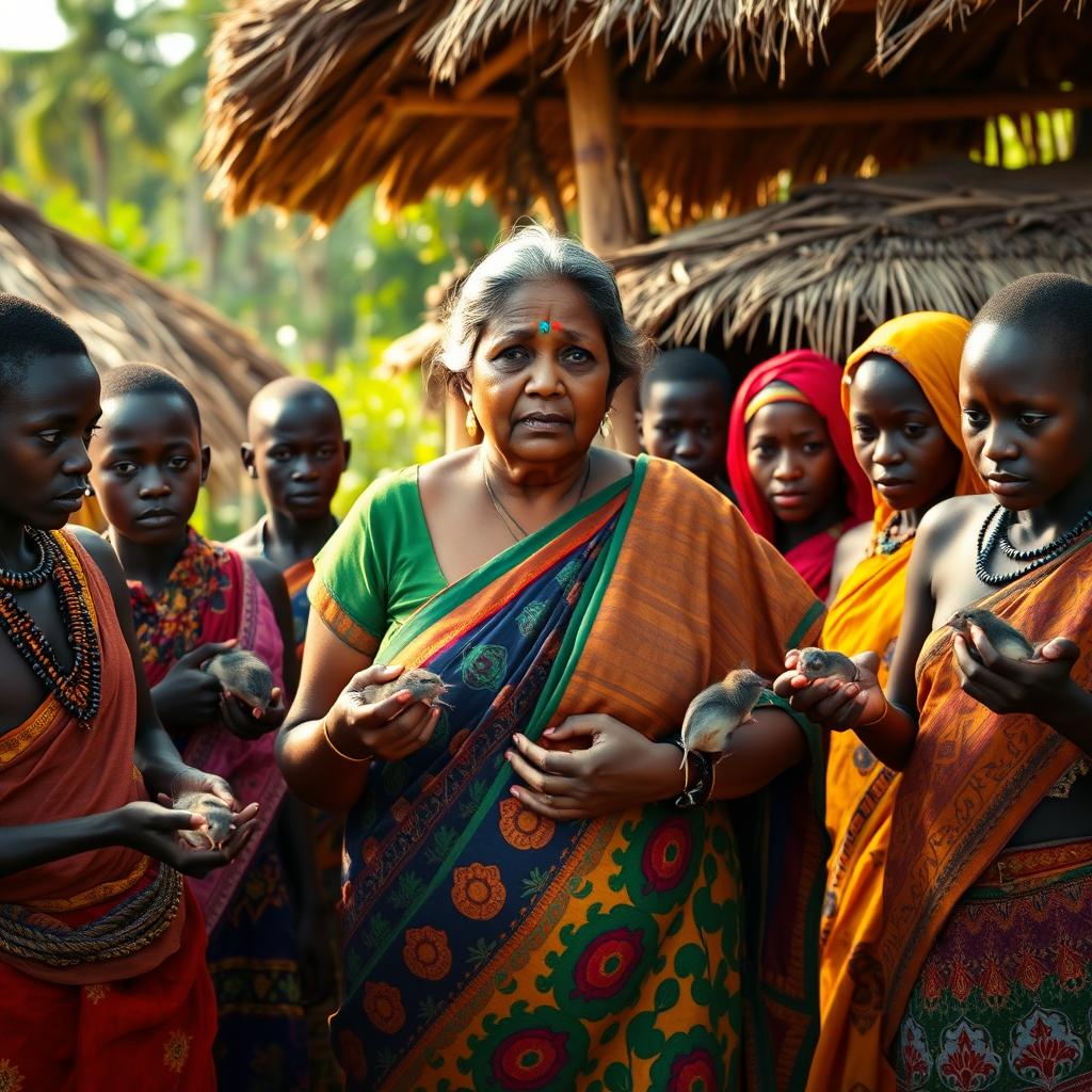 A dusky-skinned Indian lady, appearing older with a tall and curvy silhouette characterized by her very large breasts, stands in an African village