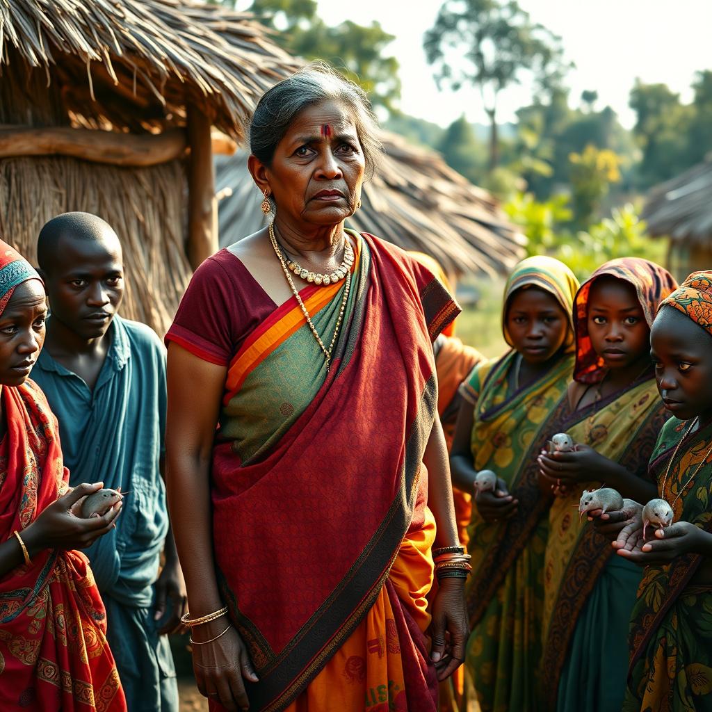 A dusky-skinned Indian lady, appearing older with a tall and curvy silhouette characterized by her very large breasts, stands in an African village