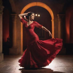 A flamenco dancer passionately performing in a vibrant dress, amidst dramatic lighting and traditional Spanish architectural backdrop.