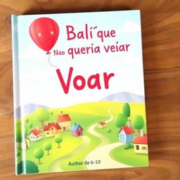 A whimsical children's book cover for 'O Balão que Não Queria Voar', featuring a vibrant red balloon with expressive eyes and a gentle smile, gently floating above a colorful, cozy town