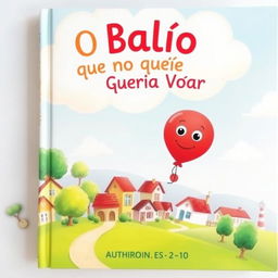 A whimsical children's book cover for 'O Balão que Não Queria Voar', featuring a vibrant red balloon with expressive eyes and a gentle smile, gently floating above a colorful, cozy town