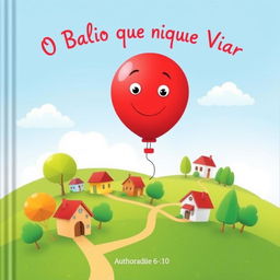 A whimsical children's book cover for 'O Balão que Não Queria Voar', featuring a vibrant red balloon with expressive eyes and a gentle smile, gently floating above a colorful, cozy town