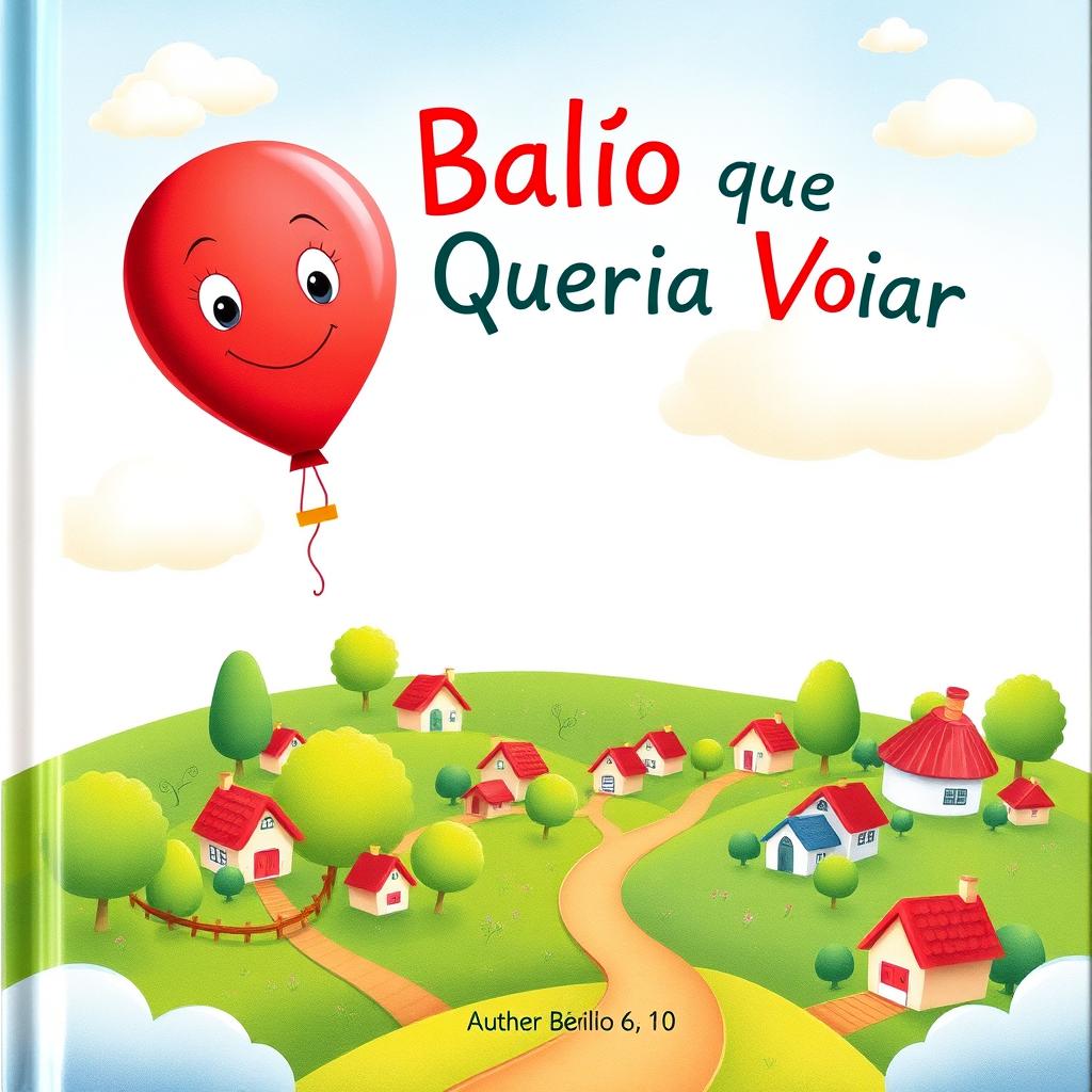 A whimsical children's book cover for 'O Balão que Não Queria Voar', featuring a vibrant red balloon with expressive eyes and a gentle smile, gently floating above a colorful, cozy town