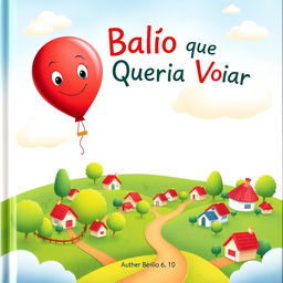 A whimsical children's book cover for 'O Balão que Não Queria Voar', featuring a vibrant red balloon with expressive eyes and a gentle smile, gently floating above a colorful, cozy town