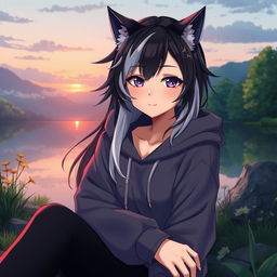 A full-body artistic representation of a half werewolf and half vampire girl, exhibiting a calm and serene expression on her face