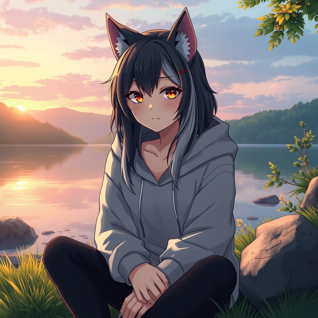 A full-body artistic representation of a half werewolf and half vampire girl, exhibiting a calm and serene expression on her face