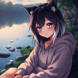 A full-body artistic representation of a half werewolf and half vampire girl, exhibiting a calm and serene expression on her face