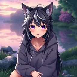 A full-body artistic representation of a half werewolf and half vampire girl, exhibiting a calm and serene expression on her face