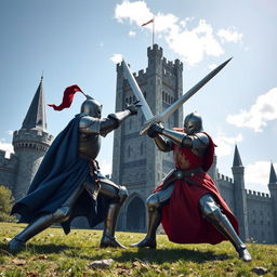 Two knights clad in ornate armor, one wearing blue and the other in red, fiercely battling each other with giant swords in a dramatic duel