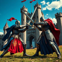 Two knights clad in ornate armor, one wearing blue and the other in red, fiercely battling each other with giant swords in a dramatic duel