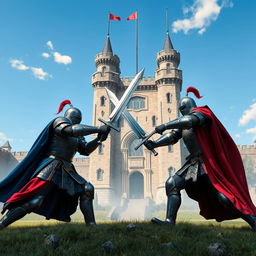 Two knights clad in ornate armor, one wearing blue and the other in red, fiercely battling each other with giant swords in a dramatic duel