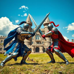 Two knights clad in ornate armor, one wearing blue and the other in red, fiercely battling each other with giant swords in a dramatic duel