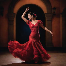 A flamenco dancer passionately performing in a vibrant dress, amidst dramatic lighting and traditional Spanish architectural backdrop.