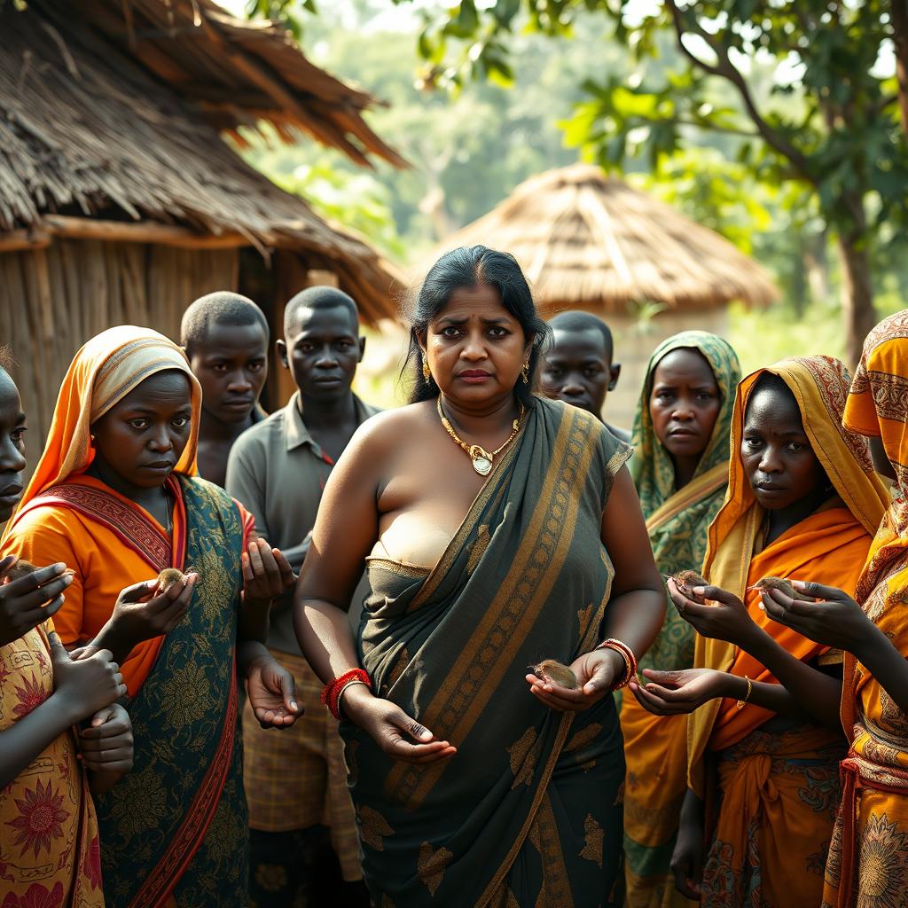 A dusky-skinned Indian lady, around 25 years old, who is very tall and has a curvy physique emphasized by her very large breasts