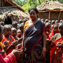 A dusky-skinned Indian lady, approximately 25 years old, very tall with a curvy figure accentuated by her very large breasts, stands in an African village