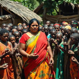 A dusky-skinned Indian lady, approximately 25 years old, very tall with a curvy figure accentuated by her very large breasts, stands in an African village