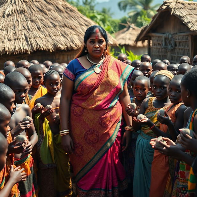 A dusky-skinned Indian lady, approximately 25 years old, very tall with a curvy figure accentuated by her very large breasts, stands in an African village