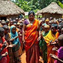 A dusky-skinned Indian lady, approximately 25 years old, very tall with a curvy figure accentuated by her very large breasts, stands in an African village