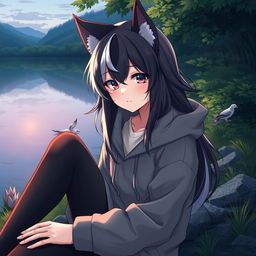 A full-body artistic depiction of a half werewolf and half vampire girl displaying a calm expression