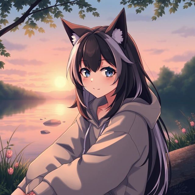 A full-body artistic depiction of a half werewolf and half vampire girl displaying a calm expression