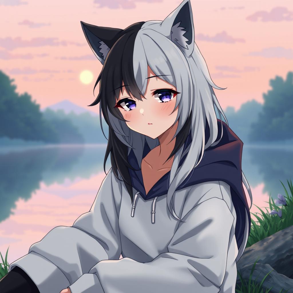 A full-body artistic depiction of a half werewolf and half vampire girl displaying a calm expression