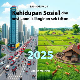 A book cover design for an IPS book titled 'Kehidupan Sosial dan Kondisi Lingkungan Sekitar', featuring a contemporary 2025 aesthetic