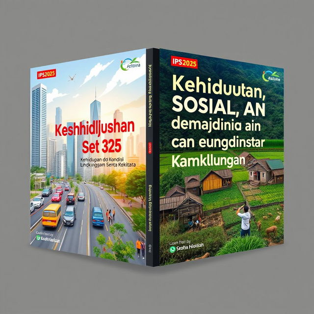 A book cover design for an IPS book titled 'Kehidupan Sosial dan Kondisi Lingkungan Sekitar', featuring a contemporary 2025 aesthetic