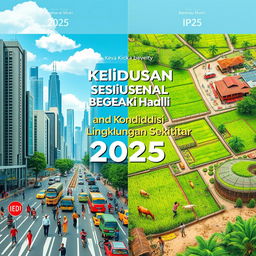 A book cover design for an IPS book titled 'Kehidupan Sosial dan Kondisi Lingkungan Sekitar', featuring a contemporary 2025 aesthetic