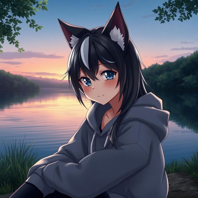 A full-body artistic depiction of a half werewolf and half vampire girl with a calm expression on her face