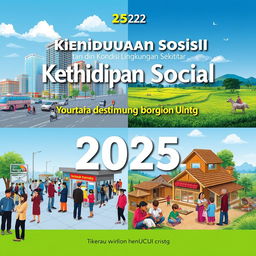 A book cover design for an IPS book titled 'Kehidupan Sosial dan Kondisi Lingkungan Sekitar', featuring a contemporary 2025 aesthetic