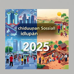 A book cover design for an IPS book titled 'Kehidupan Sosial dan Kondisi Lingkungan Sekitar', featuring a contemporary 2025 aesthetic