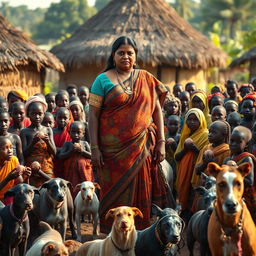 A dusky-skinned Indian lady, age 25, very tall with a curvy figure accentuated by her very large breasts, stands in an African village