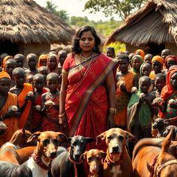 A dusky-skinned Indian lady, age 25, very tall with a curvy figure accentuated by her very large breasts, stands in an African village