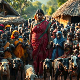 A dusky-skinned Indian lady, age 25, very tall with a curvy figure accentuated by her very large breasts, stands in an African village