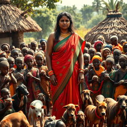 A dusky-skinned Indian lady, age 25, very tall with a curvy figure accentuated by her very large breasts, stands in an African village