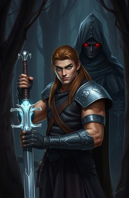 In a mystical forest, a warrior named Aric stands confidently, holding a glowing, silver sword with both hands