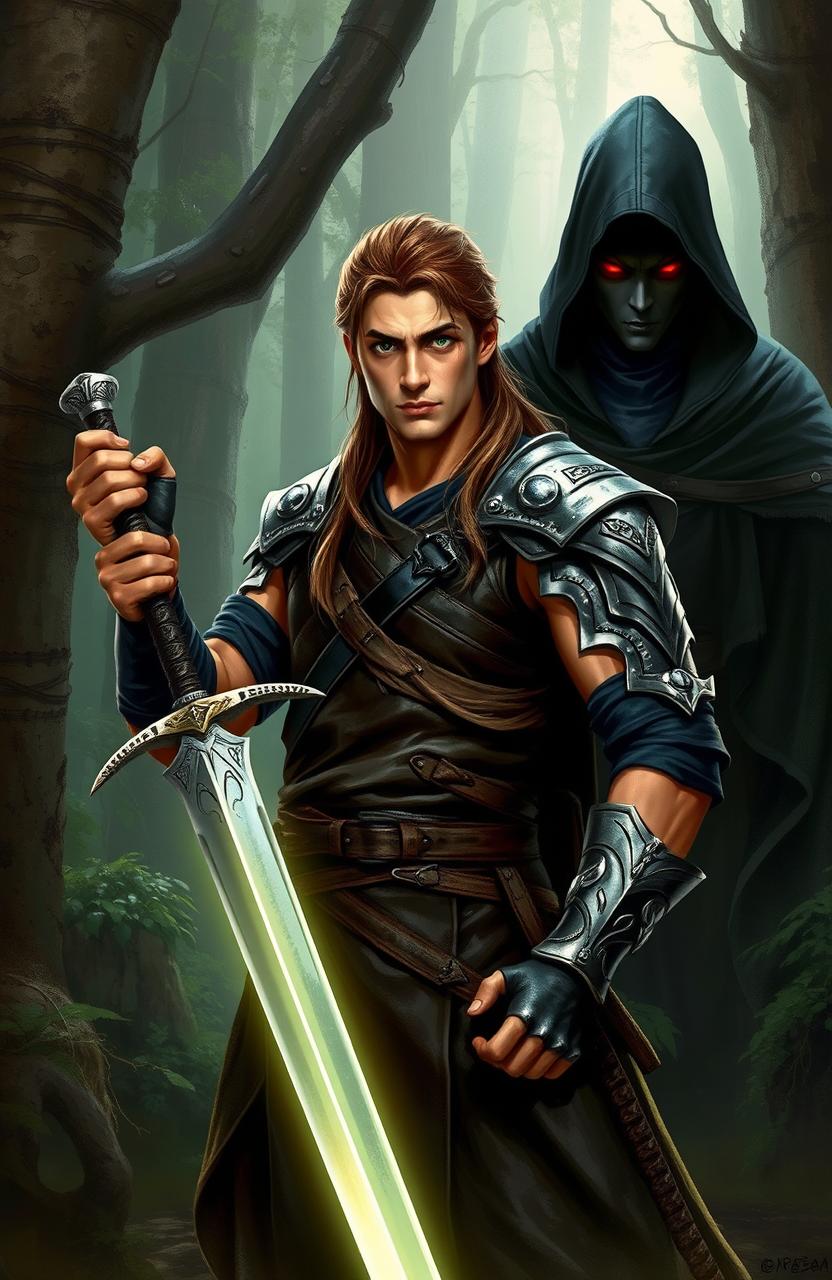 In a mystical forest, a warrior named Aric stands confidently, holding a glowing, silver sword with both hands