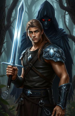 In a mystical forest, a warrior named Aric stands confidently, holding a glowing, silver sword with both hands