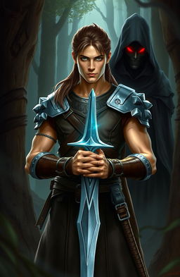 In a mystical forest, a warrior named Aric stands confidently, holding a glowing, silver sword with both hands