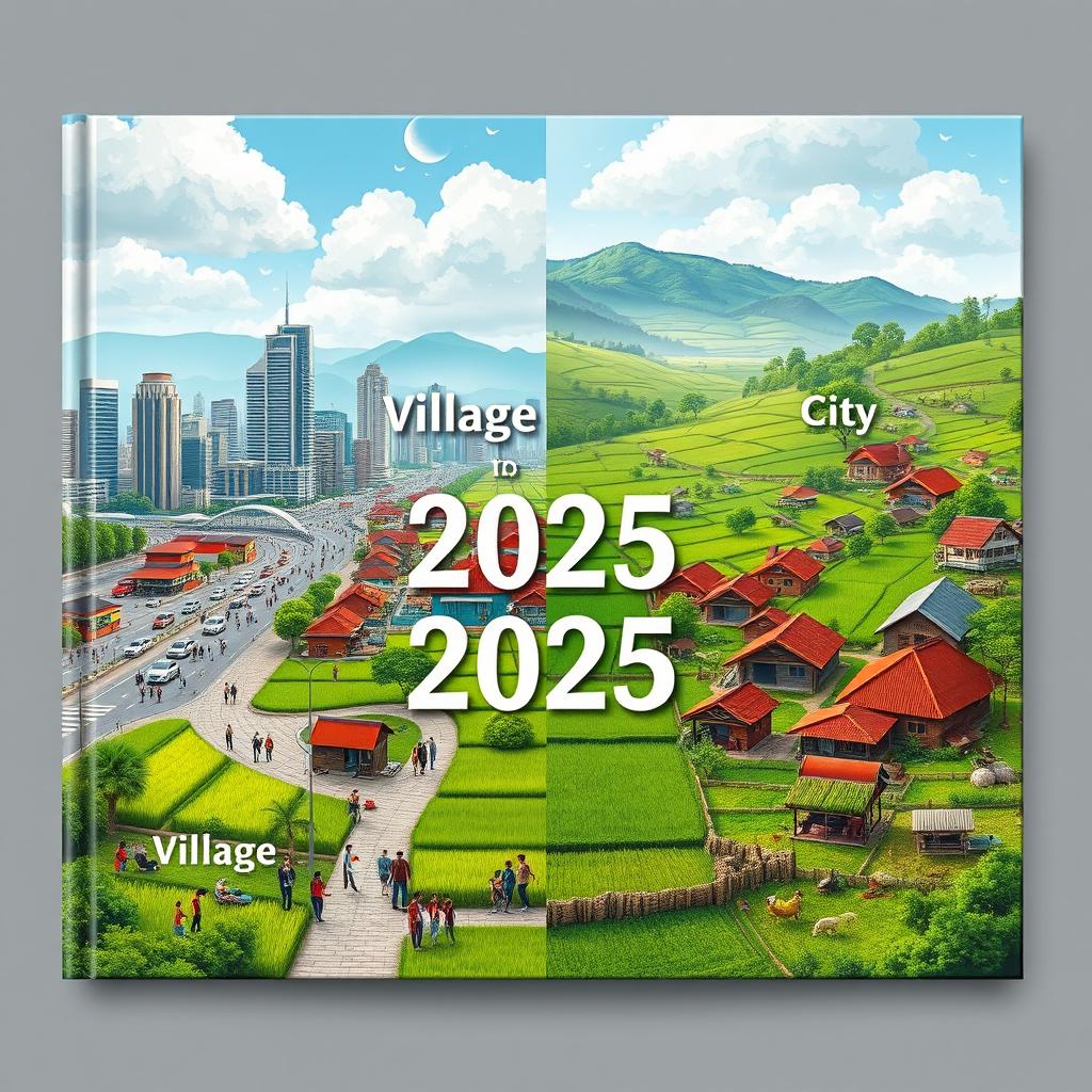 A book cover design with a contemporary 2025 aesthetic, depicting the striking differences between village and city life