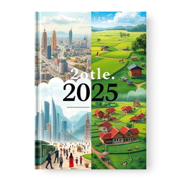 A book cover design with a contemporary 2025 aesthetic, depicting the striking differences between village and city life