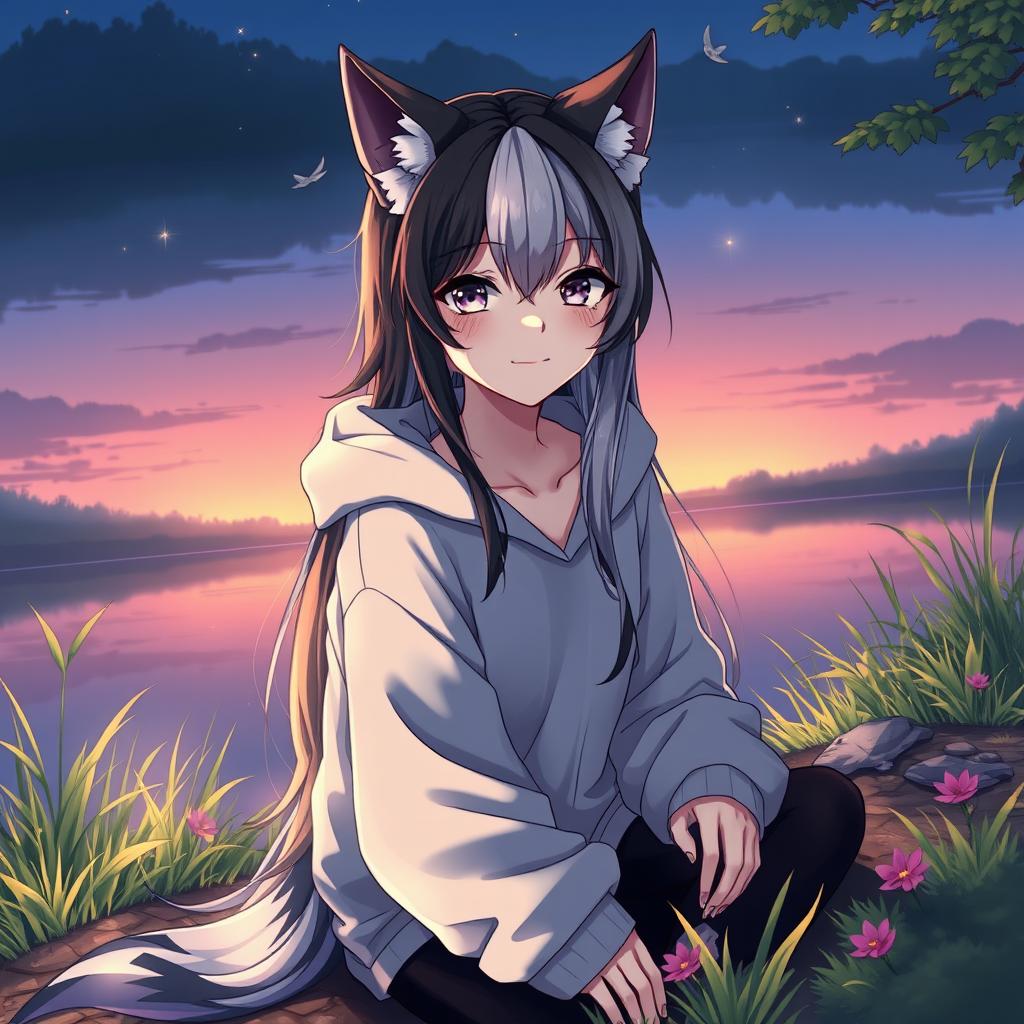 A full-body artistic depiction of a half werewolf and half vampire girl, showcasing a calm and serene expression