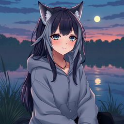 A full-body artistic depiction of a half werewolf and half vampire girl, showcasing a calm and serene expression