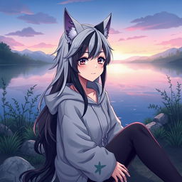 A full-body artistic depiction of a half werewolf and half vampire girl, showcasing a calm and serene expression