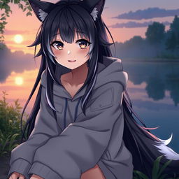 A full-body artistic depiction of a half werewolf and half vampire girl, showcasing a calm and serene expression