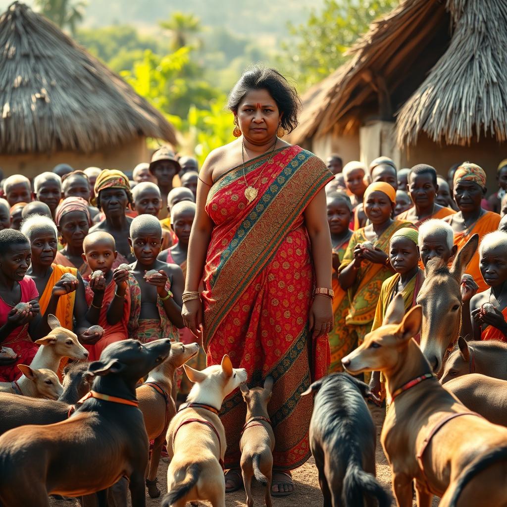 A dusky-skinned Indian lady, age 25, very tall with an expressive curvy figure highlighted by her very large breasts, stands in an African village